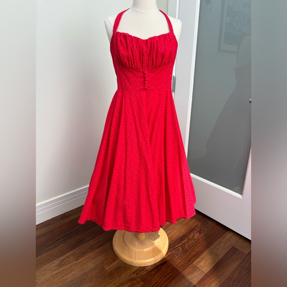 Fun red swing dress. Summer, 4th of July. Size 8 red eyelet halter.